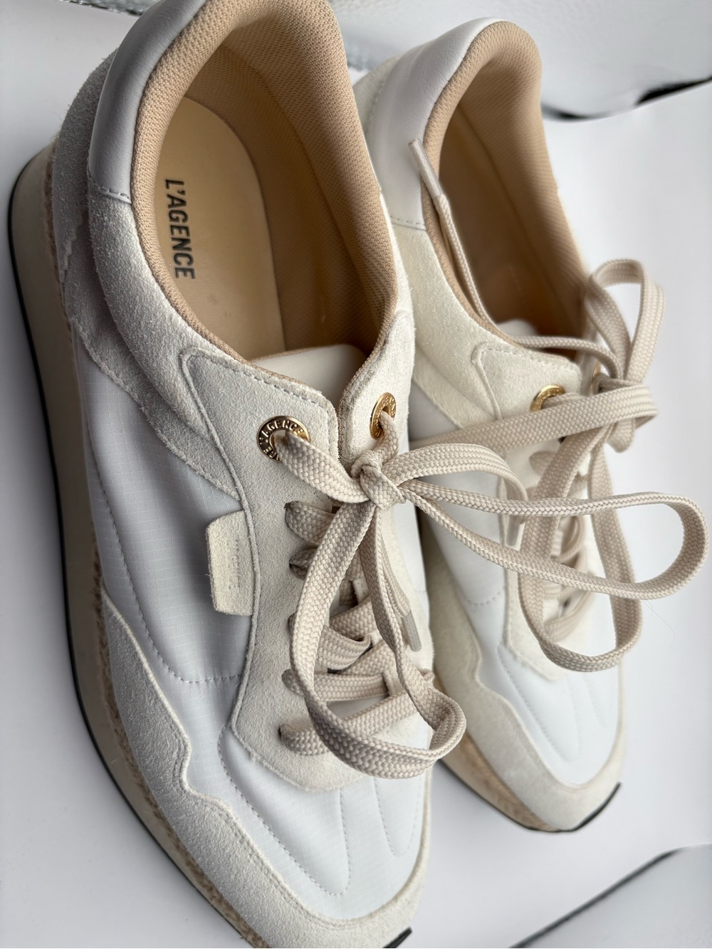 L'AGENCE Cream and Off-White Lace-Up Suede Sneakers